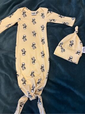 Baby Yellow Cactus Print Knot Gown & Hat - Kids One Piece